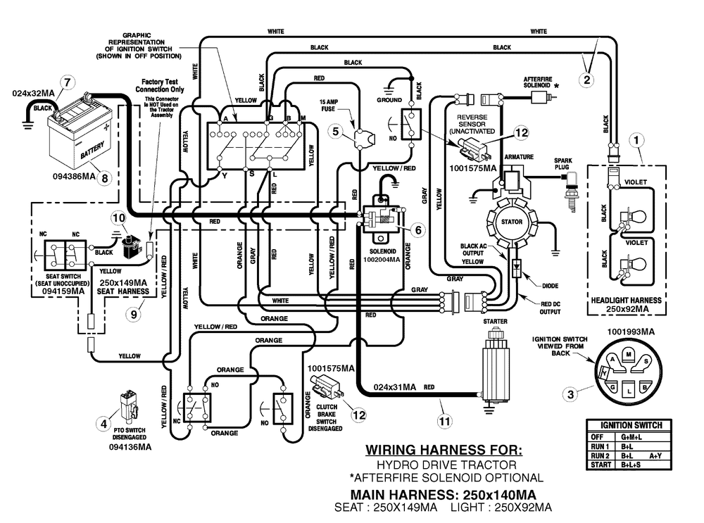 Electrical System Diagram and Parts List for 425624X190A-552547 2006 Briggs and Stratton Lawn Tractor